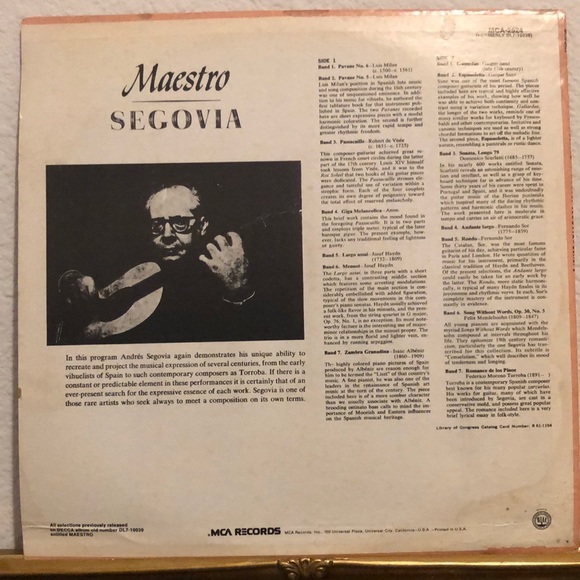 Andre Segovia Maestro Segovia Vinyl Lp - Picture 2 of 5